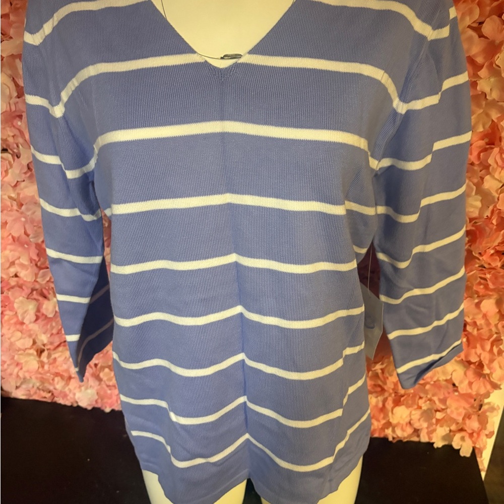 Sutton Studio XL Purple And White Striped Three Quarter Shirt  NWT
